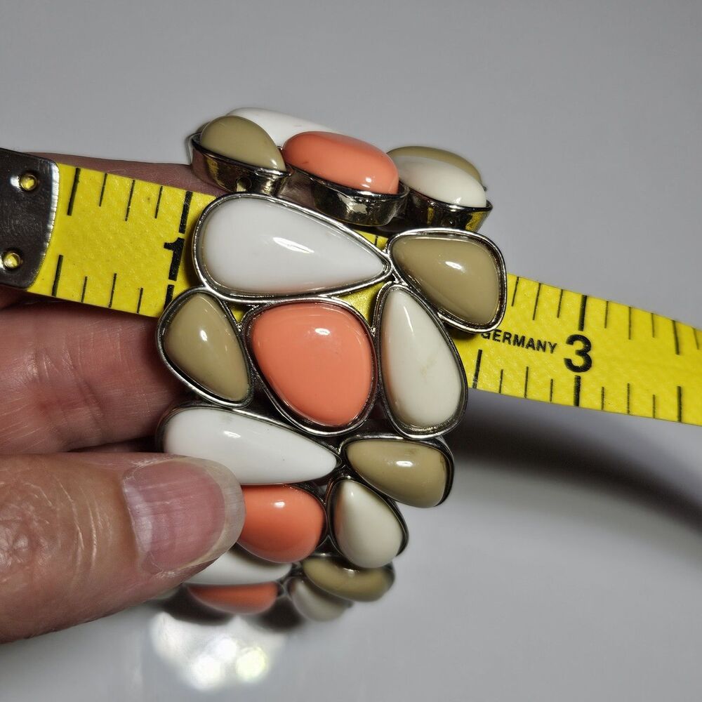 Silver Tone Chunky Pink Tan White Bead Stretch Bracelet 7.5" - Picture 9 of 12